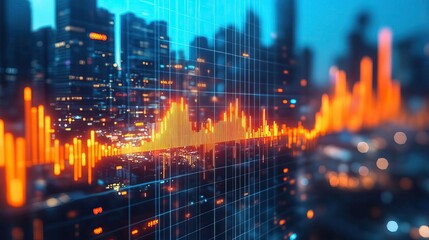 Obraz premium Dynamic chart showcasing financial data trends above a modern city skyline at night, symbolizing economic growth and technology.