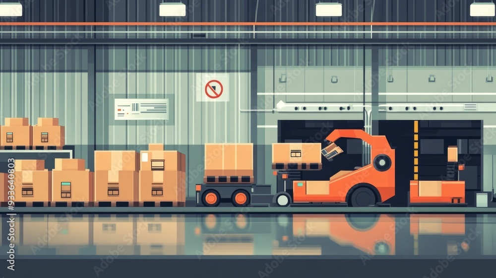 Poster flat design of automated warehouse robots efficiently moving and transporting cargo packages through