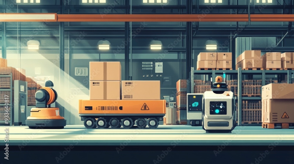 Poster flat design of automated warehouse robots efficiently moving cargo and packages for shipping logisti
