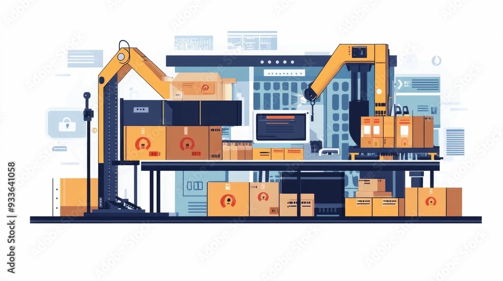 Poster flat design depicting the automation and optimization of customs processing and shipping logistics w
