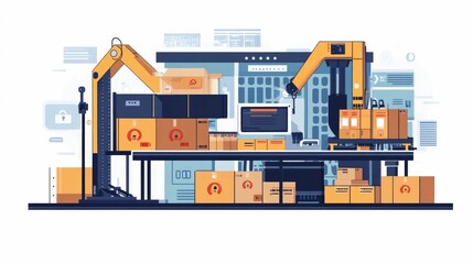 Flat design depicting the automation and optimization of customs processing and shipping logistics workflows  Showcasing efficient technology driven supply chain management solutions