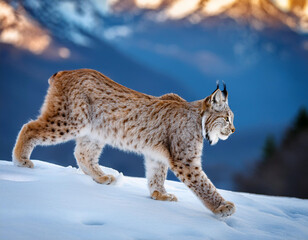 Fototapeta premium Close-up of a lynx walking on the snow in the mountains