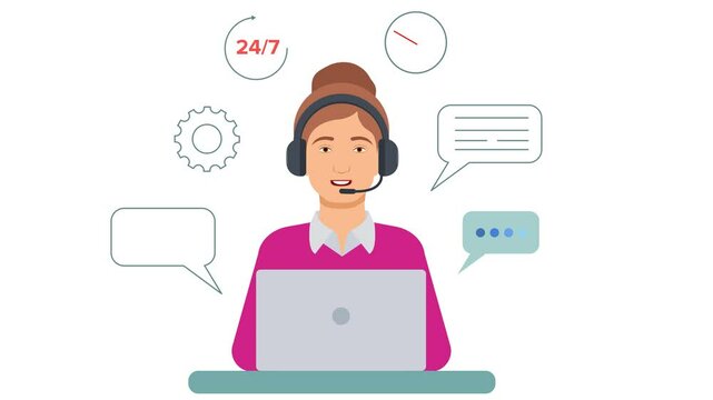 Customer service Woman with headphones and microphone with laptop, Call center operator girl character animation, hotline flat cartoon design. online customer support with headset and computer.
