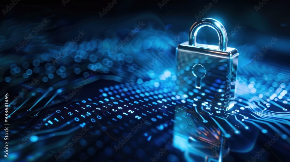 Aufkleber digital padlock for computing system on dark blue background, cyber security technology for fraud pr
