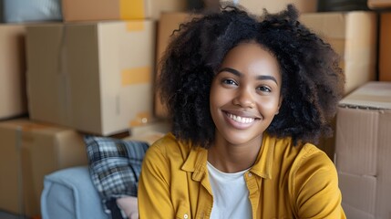 Beautiful girl is thinking how to arrange all her things in the new apartment. Young woman is smiling and looks happy. Concept of moving. 