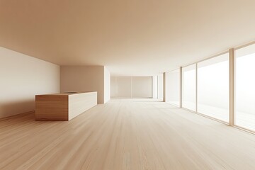 Kitchen interior with bar island and panoramic window made of wood