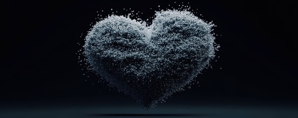 Fototapeta premium A heart shape composed of countless tiny particles, floating and slightly dispersed, set against a dark, moody background.