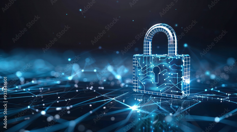 Aufkleber digital padlock for computing system on dark blue background, cyber security technology for fraud pr