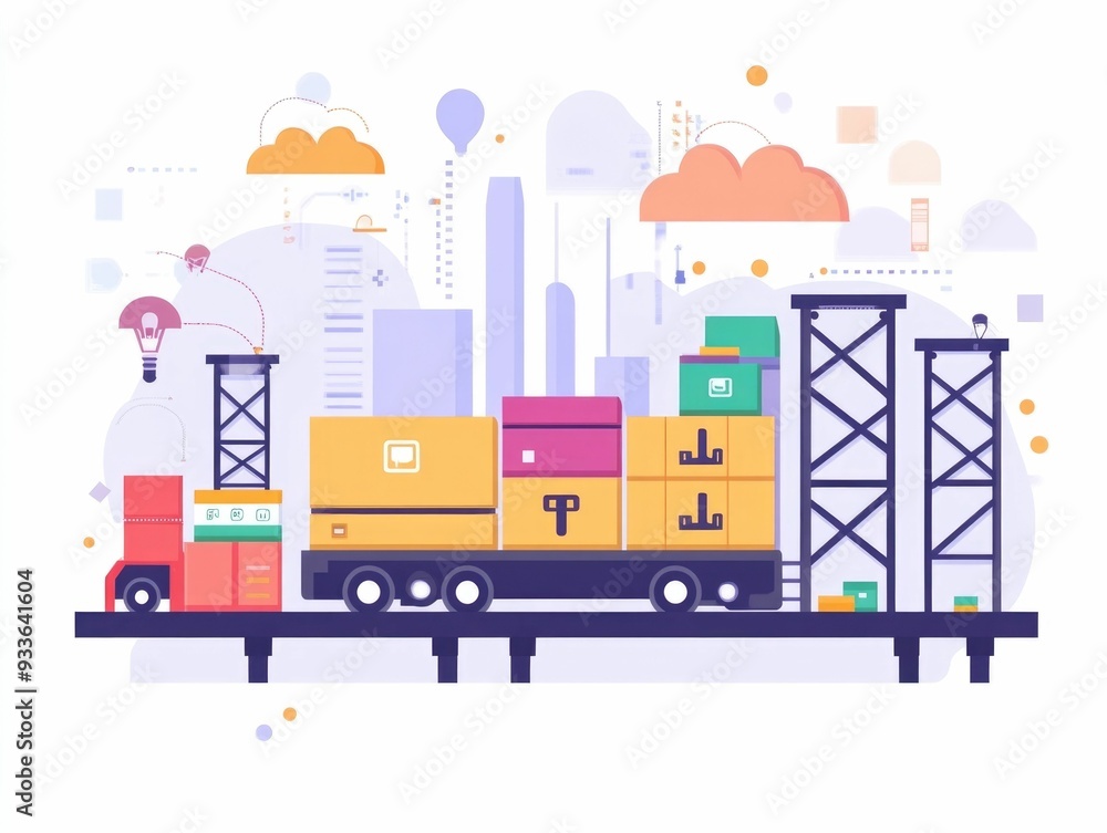 Poster showcasing a flat design of a modern cloud based automated logistics system for efficient shipping t