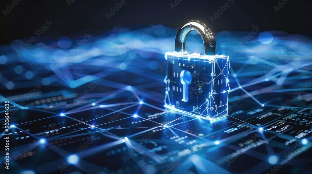 Aufkleber digital padlock for computing system on dark blue background, cyber security technology for fraud pr
