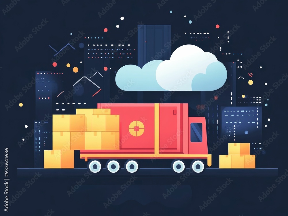 Poster streamlined cloud based logistics system powering automated shipping and distribution flat design of