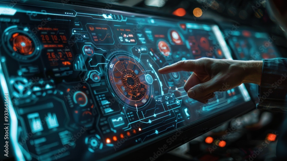 Poster digital screen of control panel in command center or cyber security office, hand of operator touches