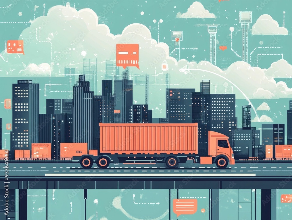Poster of a modern cloud based automated logistics and shipping system in a flat design style the image sho