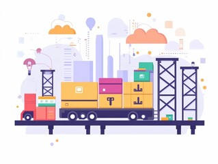 Naklejka premium showcasing a flat design of a modern cloud based automated logistics system for efficient shipping transportation and supply chain management