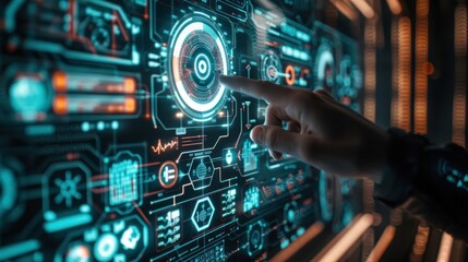 Fototapeta premium Digital screen of control panel in command center or cyber security office, hand of operator touches futuristic computer dashboard