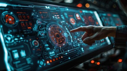Obraz premium Digital screen of control panel in command center or cyber security office, hand of operator touches futuristic computer dashboard