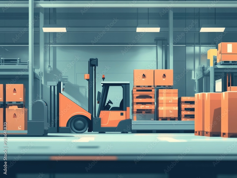 Poster of an automated warehouse system featuring autonomous forklifts and other logistics technology for e