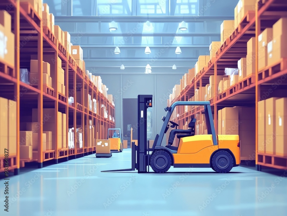 Poster flat design showcasing autonomous forklifts and other automated material handling equipment optimizi