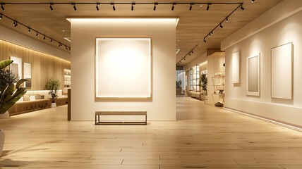 A modern art gallery interior featuring empty white frames and wooden floors