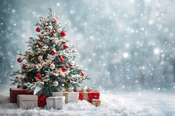 Wide-Angle View of Beautifully Decorated Christmas Tree with Gifts in Snow

