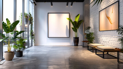 Modern art gallery interior with plants and blank canvases during daylight hours