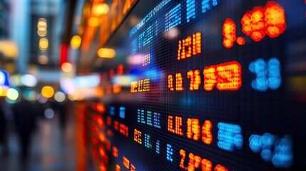 Obraz premium Stock market display showing financial data on a digital board with bright lights and numbers, symbolizing trading and investment.