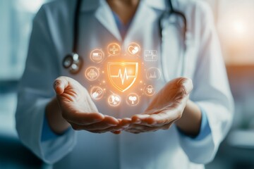 Medical cybersecurity with doctor. Security health care concept banner. Medicine secure patient privacy history with icons.