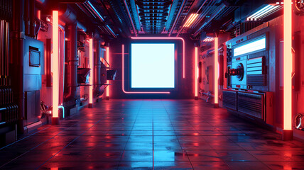 A futuristic corridor illuminated with neon lights in a high-tech environment