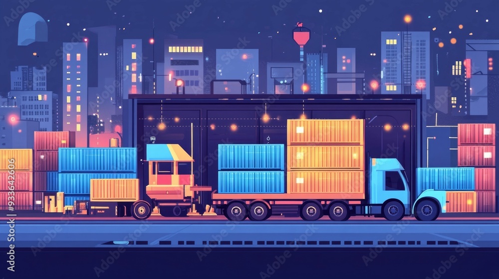 Poster automated blockchain powered logistics for streamlined shipping transactions a flat design showcasin