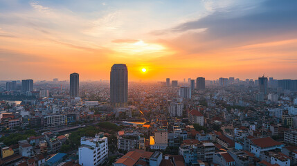 A breathtaking cityscape at sunset, showcasing the skyline with tall buildings and a sprawling urban landscape bathed in the warm, golden light of the sun.