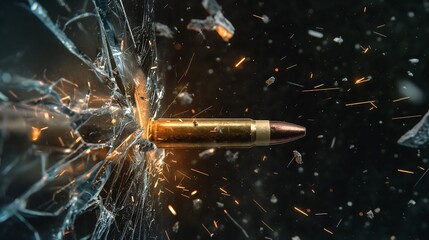 bullet through a glass pane, highlighting the bullet's impact and the glass debris.