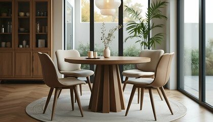 Fototapeta premium A round wooden dining table with chairs in a modern dining room with large windows