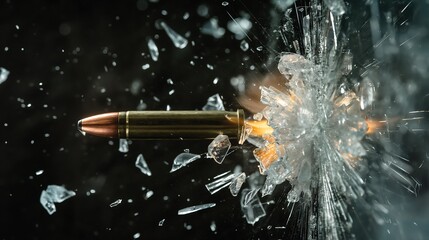 bullet through a glass pane, highlighting the bullet's impact and the glass debris.