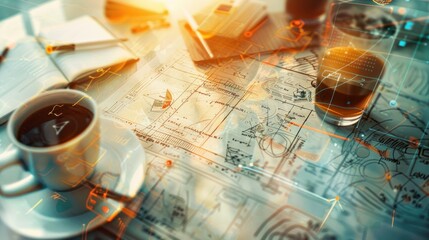 Fototapeta premium Double exposure of technology theme drawing and desktop with coffee and items on table background