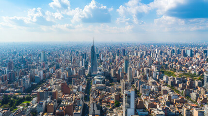 Aerial view of a vast urban cityscape with numerous high-rise buildings and a prominent central skyscraper under a partly cloudy sky.