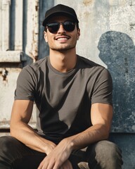 Obraz premium A young attractive man sitting with wearing a blank mockup t-shirt, sunglasses, and a black cap,
