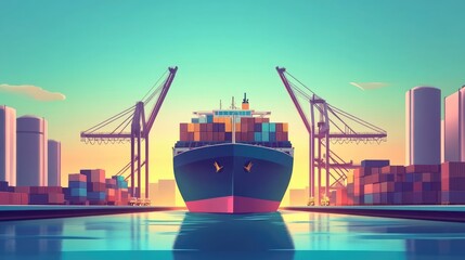 Fototapeta premium Cargo ship at a busy shipyard flat design front view logistics theme animation vivid