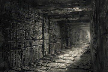 A Dark and Mysterious Corridor Lined with Ancient Hieroglyphs