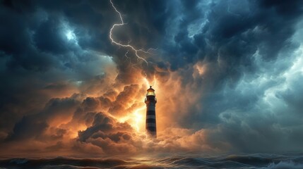 Fototapeta premium Dramatic Scene of Lightning Strikes Near Lighthouse During Stormy Weather