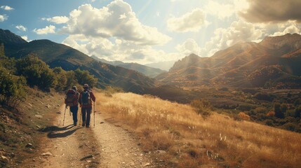 Hiking Trail: Friends walking along a scenic hiking trail, arranged on the left side.