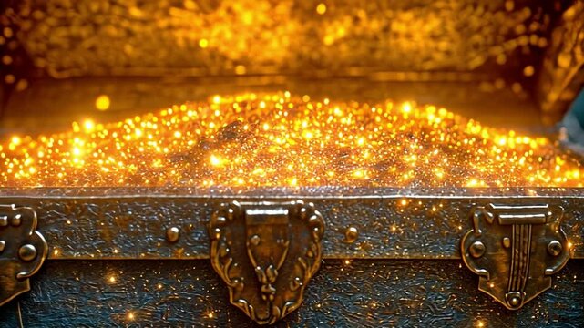 Open an ancient trunk with glowing magic lights to reveal a treasure chest in the dark.