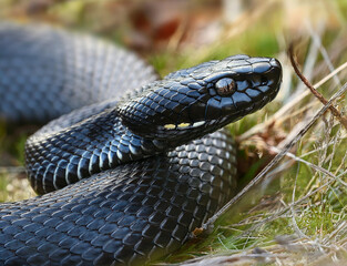 Obraz premium Close-up with a black viper on the ground in the grass