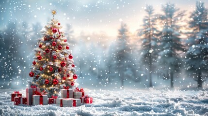 Obraz premium This serene winter scene features a beautifully decorated Christmas tree adorned with red and silver ornaments, standing tall in a panoramic snowy background, perfect for festive greetings.