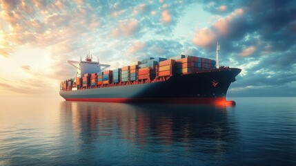 Obraz premium Large container ship in open water approaching the shipyard, 3D illustration