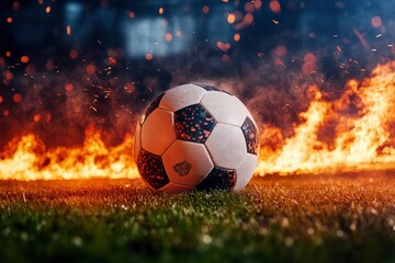 Fototapeta premium FuÃŸball im Stadion nach Spielende vor einem Feuerwerk with generative ai
