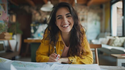 Beautiful girl is thinking how to arrange all her things in the new apartment. Young woman is smiling and looks happy. Concept of moving. 