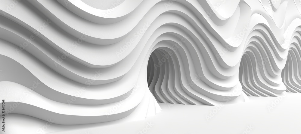 Poster abstract minimalist architecture background, white wavy ceiling lines and empty bright room.