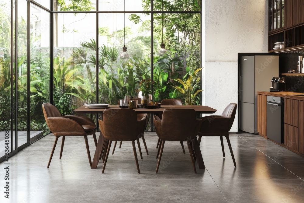 Wall mural Home kitchen interior with eating table and chairs, drawer, and window