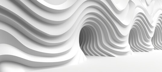 Abstract Minimalist Architecture Background, White Wavy Ceiling Lines And Empty Bright Room.