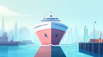 Fototapeta premium Transport ship navigating through a harbor flat design front view nautical theme animation colored pastel